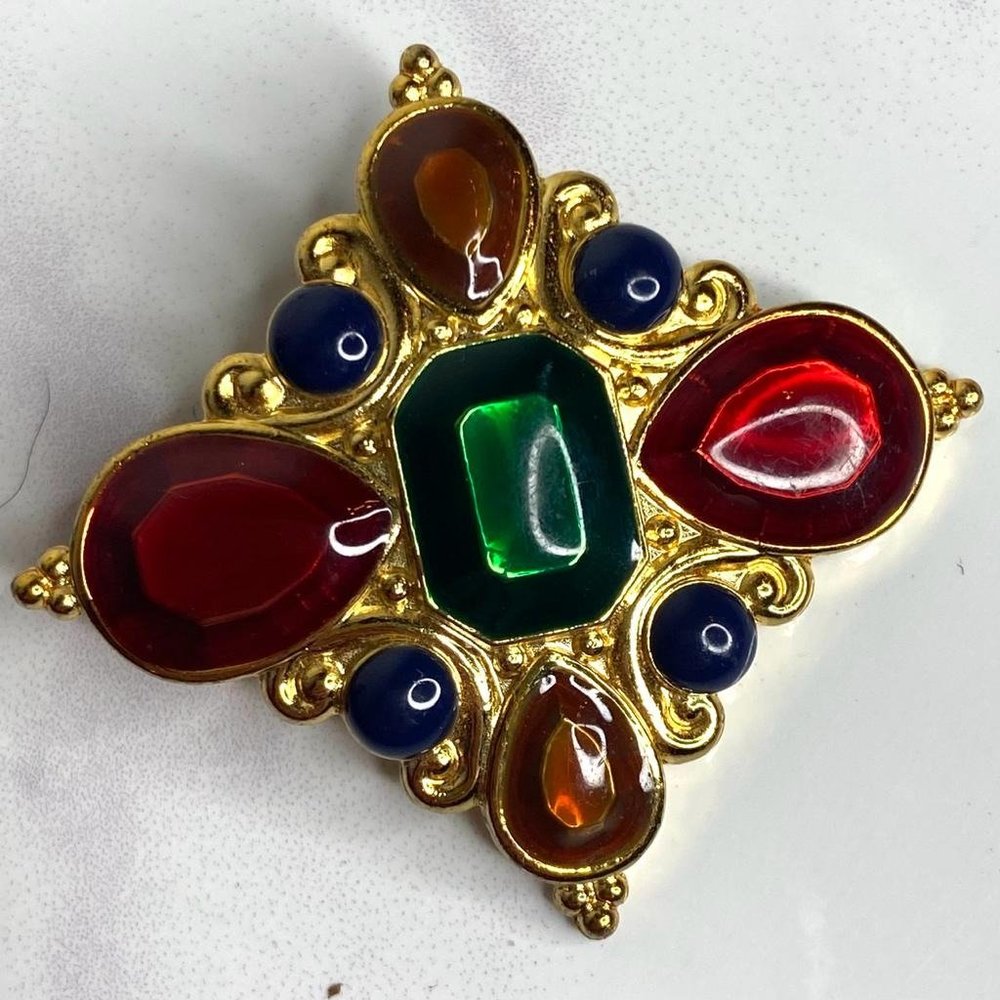 Vtg 80s Jay Strongwater Gold Feinberg Maltese Cross Pendant Scarf Pin Cabochon